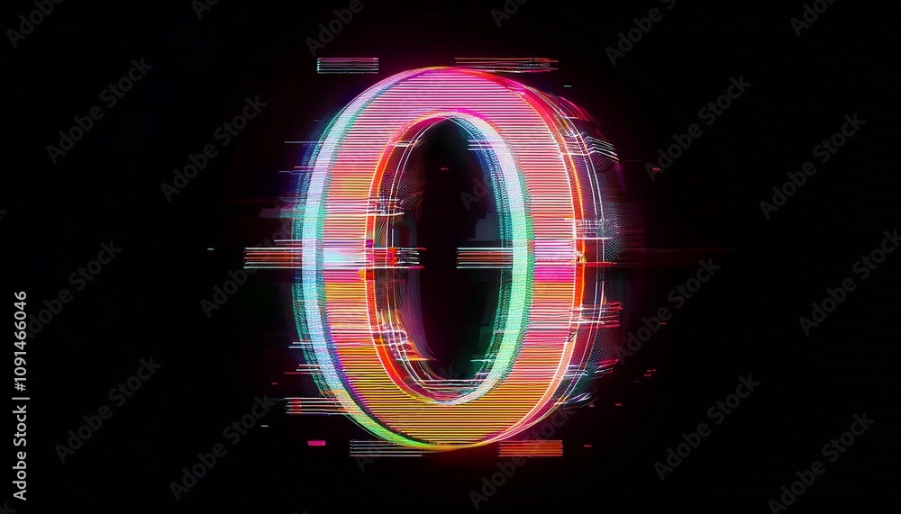 Poster glitching zero: a futuristic and stylized number zero with a digital glitch effect, radiating a vibr