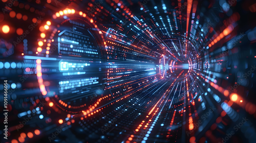 Poster abstract 3d digital tunnel background with glowing red and blue data streams, futuristic technology 
