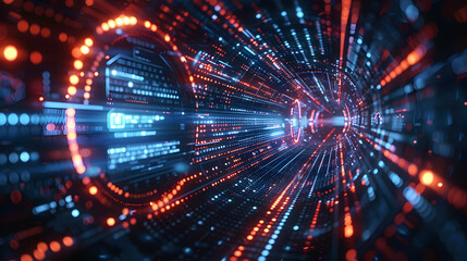 Obraz premium Abstract 3D Digital Tunnel Background with Glowing Red and Blue Data Streams, Futuristic Technology Concept Illustration