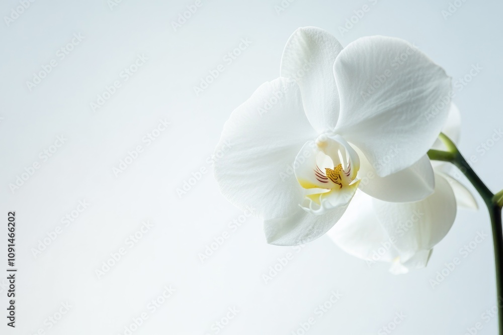 Poster a beautiful single white flower sits alone in a vase on a table, great for decorating or as a symbol