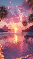 Tropical sunset over calm ocean. Lush palm trees frame a vibrant pink sky reflecting in the water.
