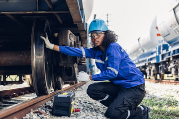 Engineer inspection and checking railway and checking work on railroad station. Engineer checking...