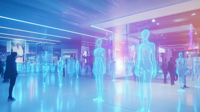 Holographic mannequins stand in a brightly lit shopping mall showcasing future retail technology. People walk among the translucent figures, creating a futuristic atmosphere.