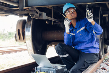 Engineer inspection and checking railway and checking work on railroad station. Engineer checking...