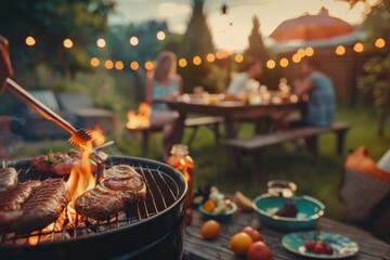 Outdoor barbecue with friends, food, drinks, and sunset ambiance