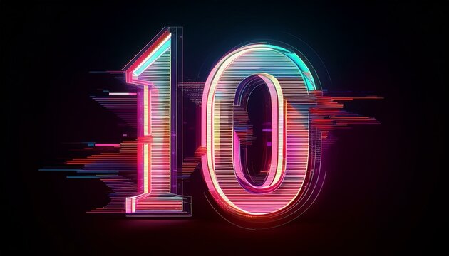 Neon Ten Countdown:  A vibrant, stylized number ten glows with neon light, creating a dynamic and futuristic visual. Perfect for projects needing a modern, energetic feel. 