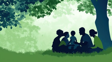 Family enjoying a peaceful picnic under a lush tree in a serene park setting, AI