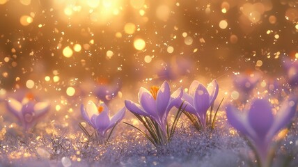 Crocus Flowers Blooming in Frosted Grass