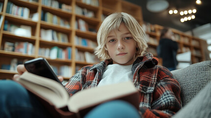 Boy Reading in Library, Exploring Knowledge and Education. Generative ai