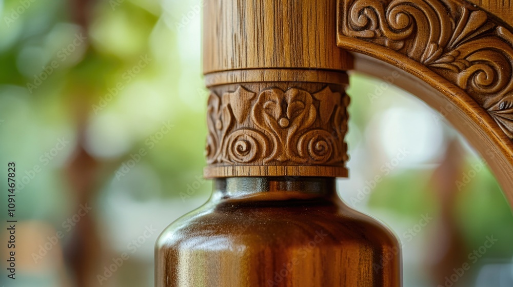 Poster A close-up view of a bottle of liquid on a table, suitable for use in product photography or as a background element