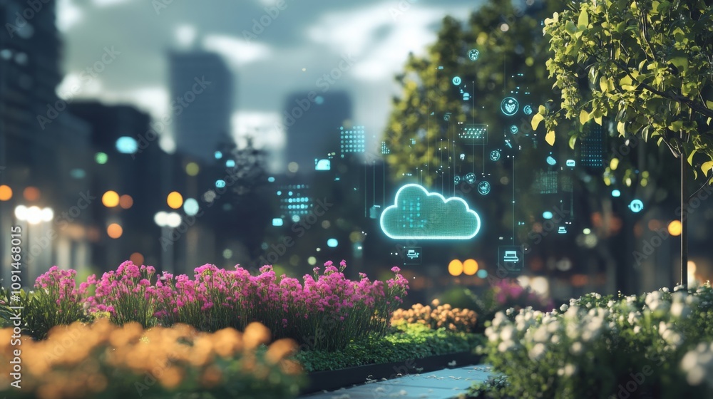 Poster the image features a glowing blue cloud icon against a blurred backdrop of a cityscape. in the foreg