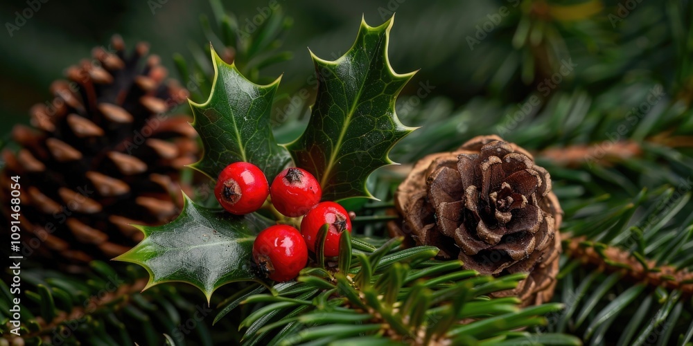 Poster a detailed view of a pine branch with a pine cone, ideal for nature or botanical uses