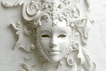 A sculpture of a woman's face on a wall, perfect for decorative or artistic use