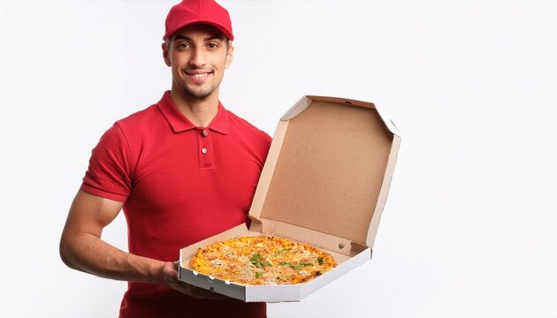 Pizza Delivery Man: A happy delivery man in red uniform holds a pizza box with a delicious pizza inside, ready to bring joy to customers.  