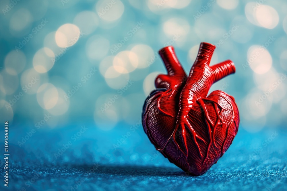 Poster a single red heart resting on a blue background