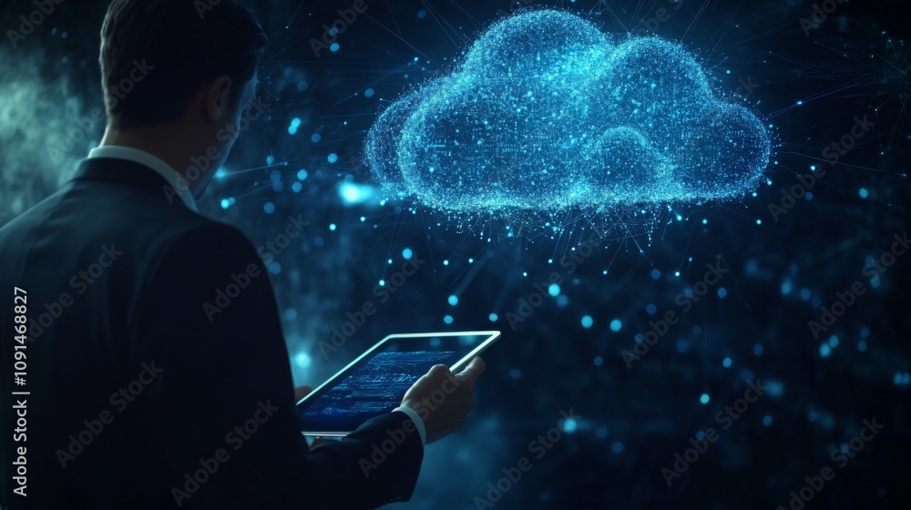 Leinwandbilder A man in formal attire engages with cloud computing technology using a tablet while surrounded by a digital interface.