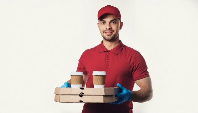 Delivery Driver with Pizza and Coffee: A friendly and professional delivery driver in a red uniform holds a pizza box and two coffee cups, ready to deliver a delicious meal. - Powered by Adobe