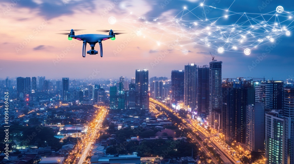 Poster aerial view of modern city at dusk with drone in flight capturing urban landscape and data connectiv