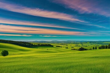 Obraz premium Stunning Landscape of Lush Green Grassland Beneath a Bright Blue Sky