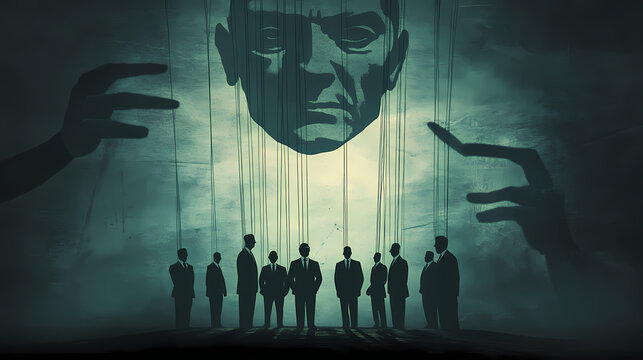 Political puppetry strings controlling corrupt politicians dark eerie atmosphere illustrating manipulation and power struggle shadows adding depth and intrigue. Shadow Puppet Show. Illustration