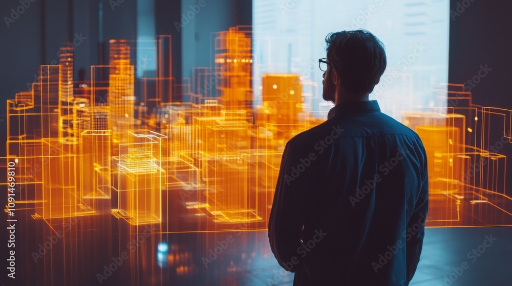 Poster a man stands in front of a large screen, observing an intricate 3d model of a city. the model featur
