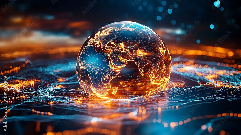 Poster a 3d render of a glowing earth with network connections and a digital abstract background