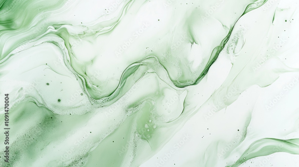 Poster Fluid art composition showcasing jade green hues with smooth drips and waves, creating an elegant marble-like texture against a soft white background.