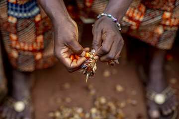 Villager processing palm fruit for oil in Dokoue, Benin