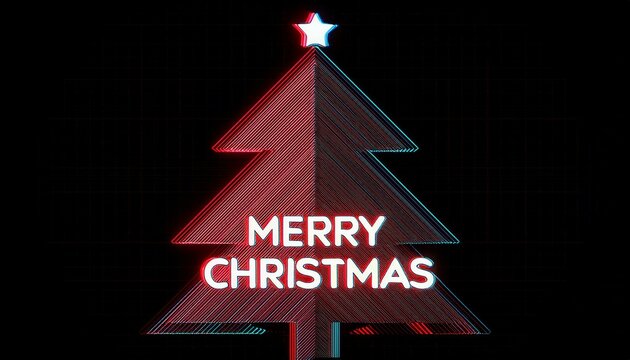 Merry Christmas Glitch Art: Festive, vibrant, and modern, this image features a stylized Christmas tree with a star on top and the words "Merry Christmas" in a glitch art aesthetic. - Powered by Adobe