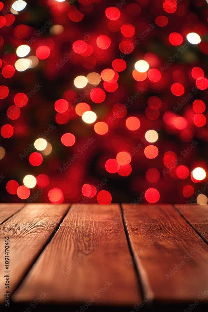 Poster a wooden table with a christmas tree in the background