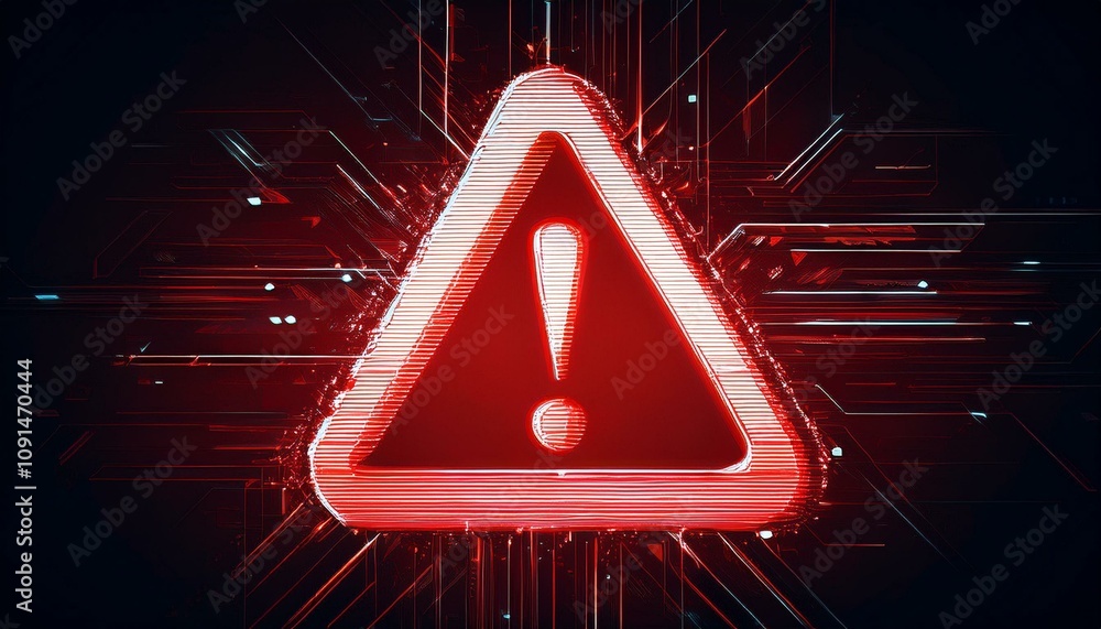 Poster cybersecurity warning: a 3d red warning sign with an exclamation mark, surrounded by glowing digital
