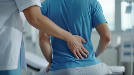 Obraz premium a man in a blue shirt has his hands on his back