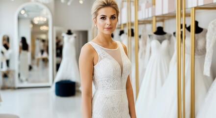 Naklejka premium Bride in Elegant Lace Wedding Dress in Bridal Shop