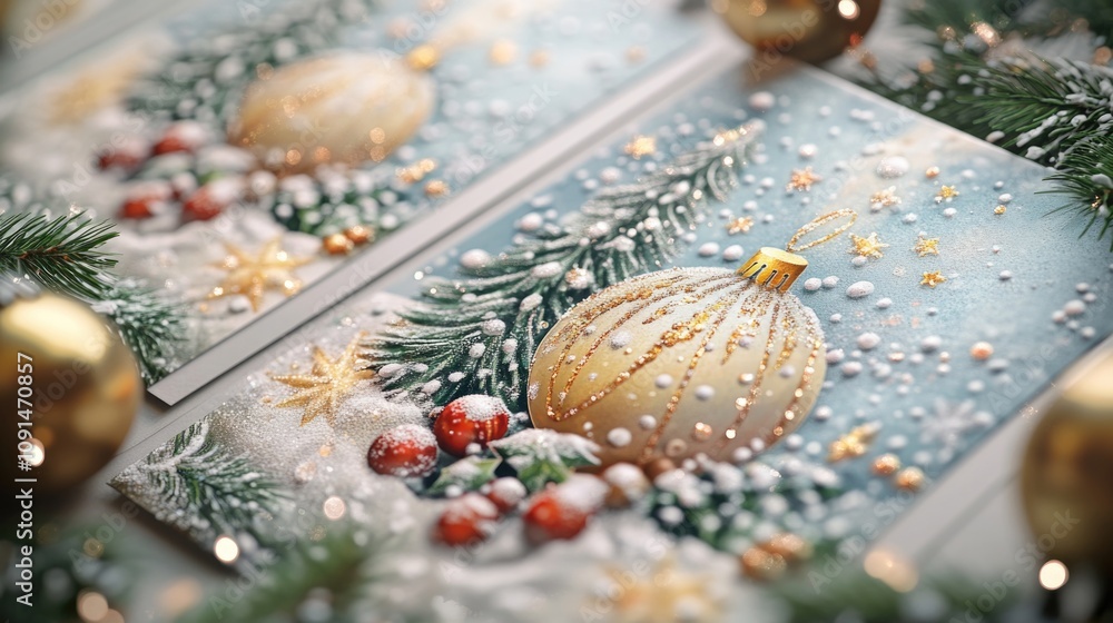 Poster close up of a christmas card on a table with festive design and holiday message