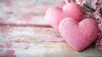 Obraz premium Pink hearts and cherry blossoms create a romantic atmosphere on a wooden surface