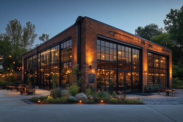 Modern Brick Building With Extensive Windows At Dusk