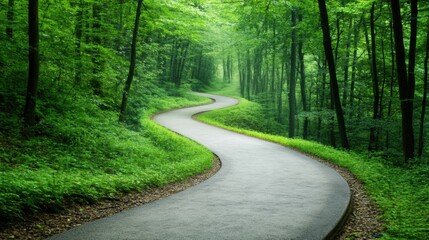 Obraz premium Winding path through lush green forest creates a serene and inviting atmosphere, AI