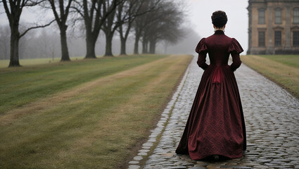 Victorian lady walks on cobblestone path towards mansion home.