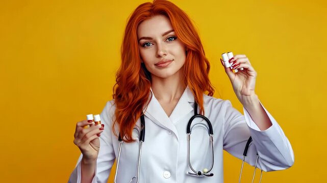of charming lovely woman qualified specialist wear white doctor robe hand hold pills Video
