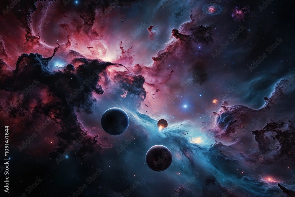 Poster stunning 3d visualization of a mesmerizing space nebula with twisting gases and cosmic objects