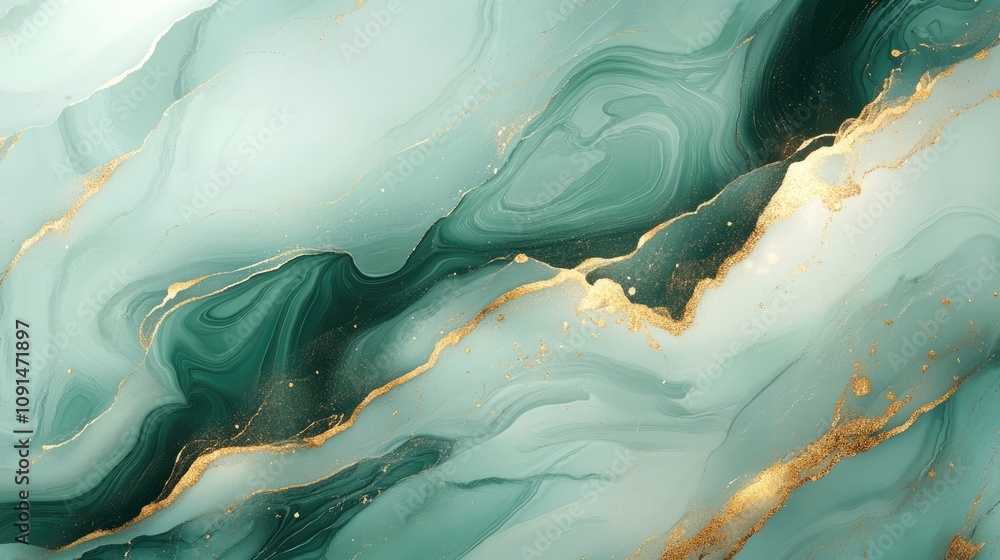 Aufkleber Abstract fluid art showcasing flowing waves in soft mint turquoise colors, accented with shimmering liquid gold, creating a captivating marble-like texture and depth.