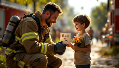 Firefighter Receiving Thank You Card From Smiling Child