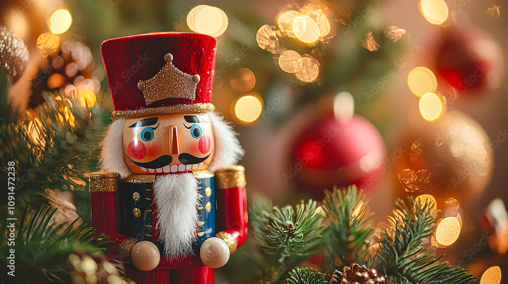 Poster a colorful nutcracker is surrounded by christmas ornaments and softly glowing lights, creating a war