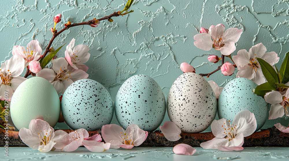 Poster speckled eggs are arranged with delicate blossoms on a textured blue surface, creating a festive spr