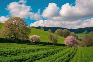 Lush Rural Landscape with Gentle Slopes Vibrant Green Fields and Bright Blue Sky with White Clouds