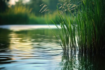Obraz premium Lake surrounded by tall grasses