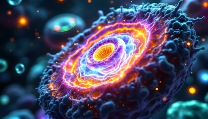 Microscopic View Of A Vibrant Biological Cell With Nucleus And Plasma Membrane

