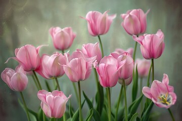 Fototapeta premium Fresh pink tulips arranged in a decorative vase, perfect for home decor or floral arrangements