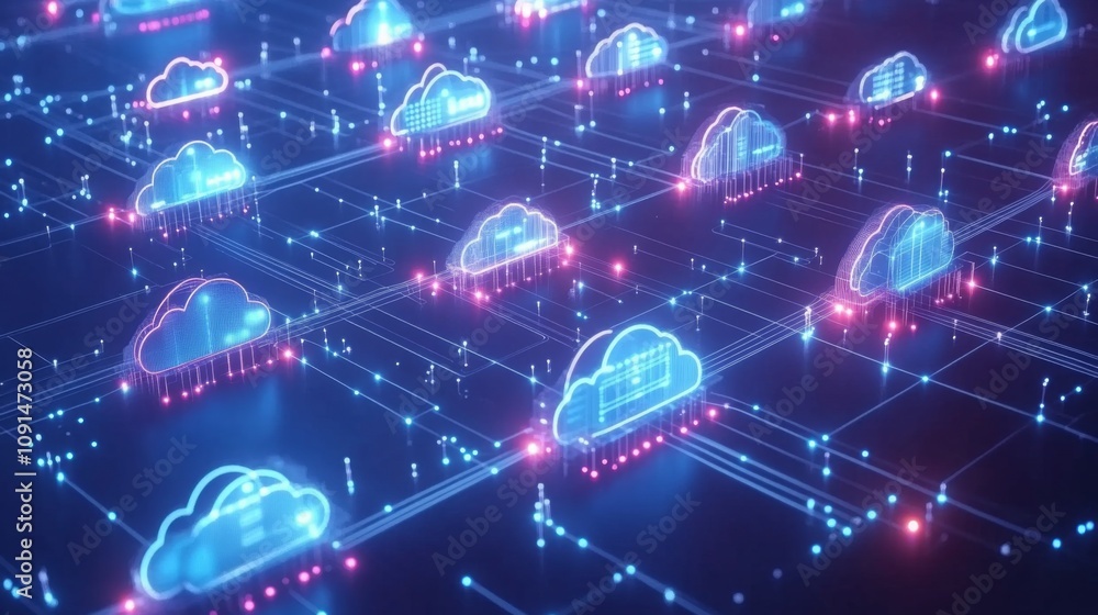 Poster A 3D rendering of a digital network of interconnected clouds. The clouds are a light blue color and have a glowing outline.