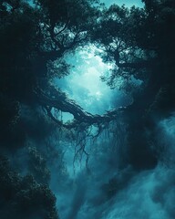 Lush Green Forest Floating Above Clouds With Glowing Trees and Ethereal Light